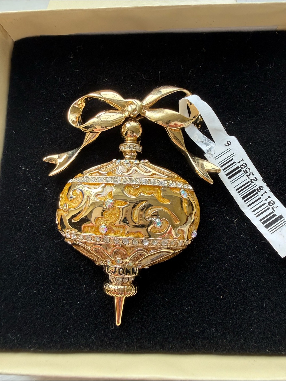 St. John Gold-tone Bow Ornament Brooch with Crystal Accents